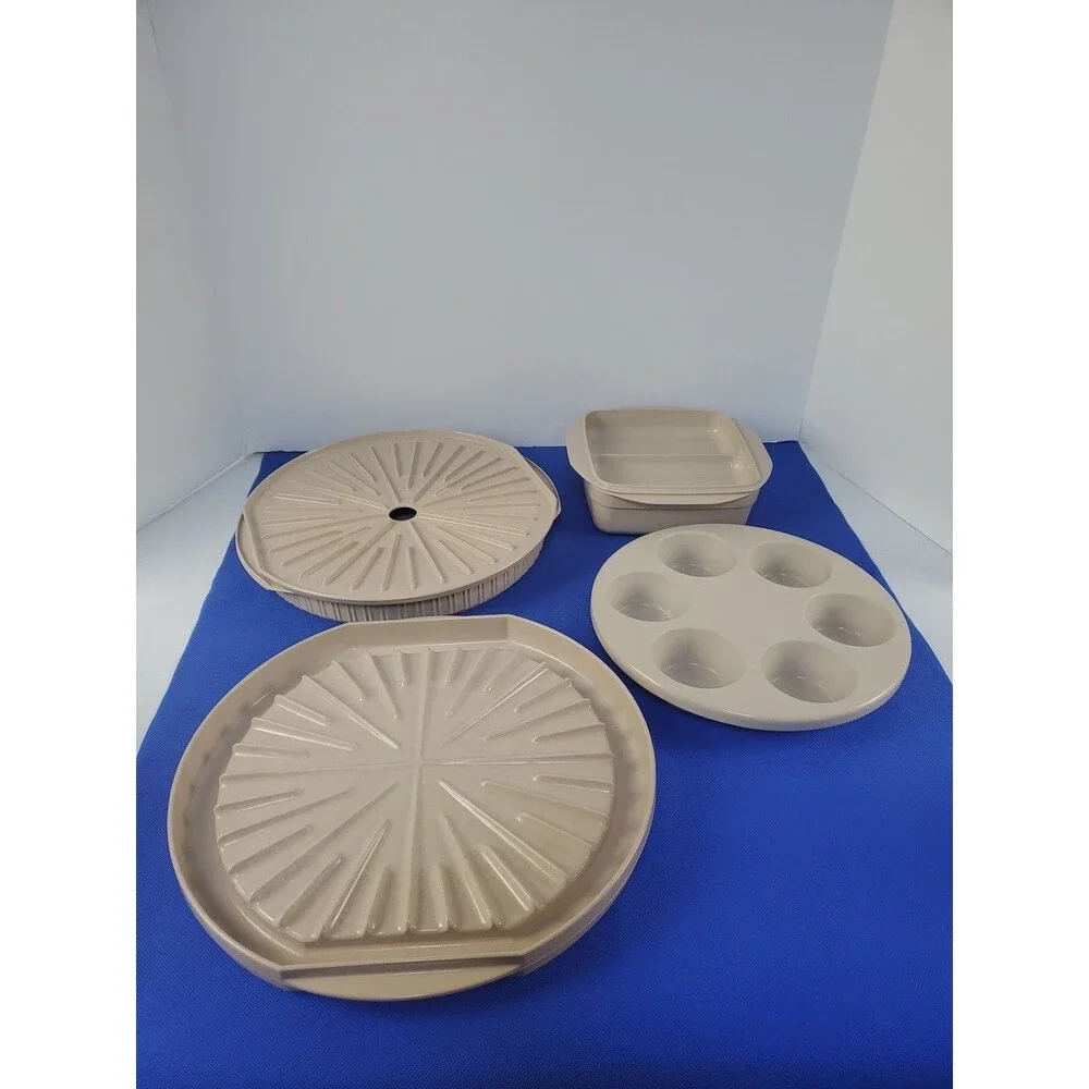 Vtg Micro Ware Microwave 6 Piece Lot Anchor Hocking Meat Bacon Muffin
